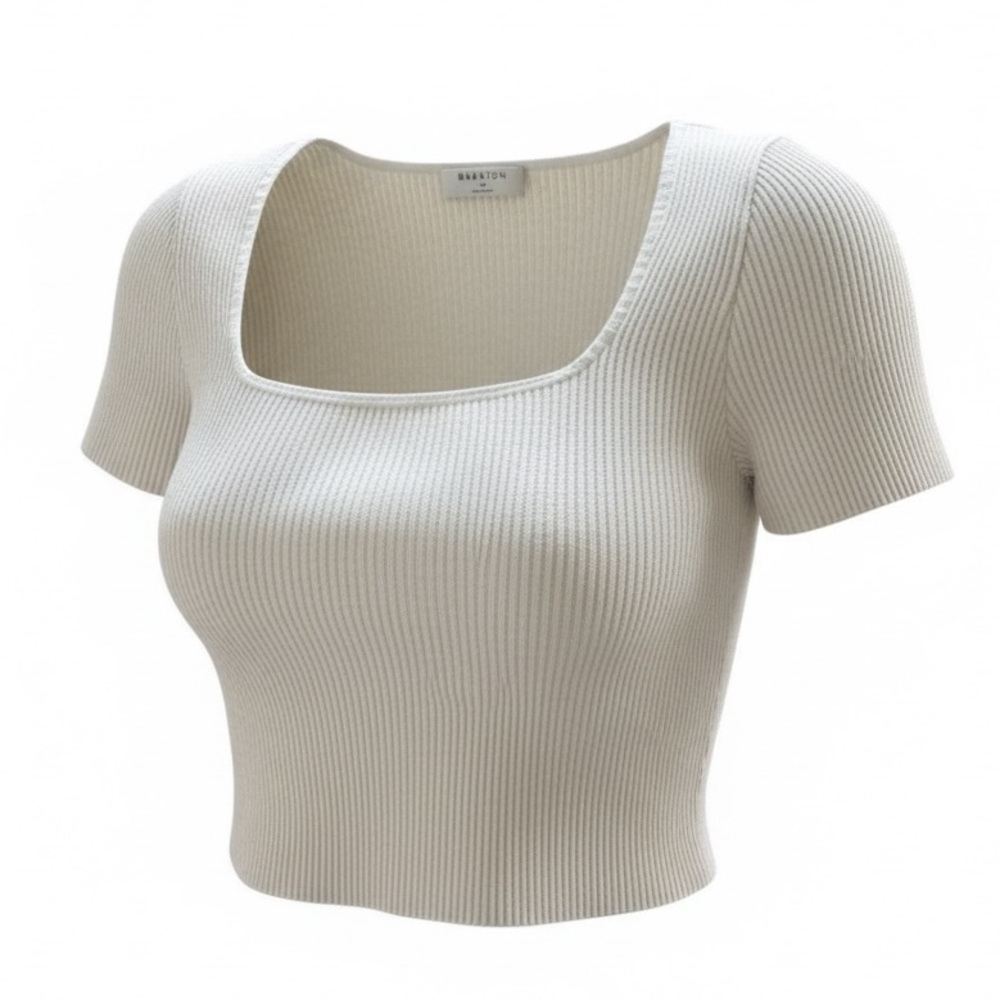 Aritzia Babaton Sculpt Knit Square-Neck Ribbed Cropped Top – Cream, Short Sleeve